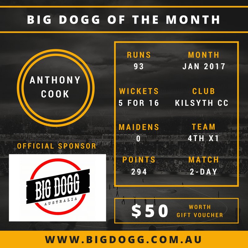 ClubFantasyCric's tweet photo. @ClubFantasyCric @big_dogg_aust_ #BigDoggOfTheMonth for Jan 2017 is @KilsythCC's ANTHONY COOK. https://t.co/mBipCJnSYp #Play #Perform #Win https://t.co/jMAoadx6vm