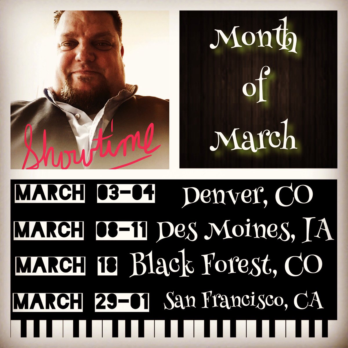 PapiSorrels's tweet photo. Here is the March calendar!  #papishow #pianoshows411 #pianos #comedy #nationwide #funny #entertainer #entertainment #coversongs #improv https://t.co/YoemE6HlEi