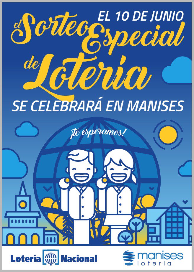 LoteriaManises's tweet photo. ¡ENHORABUENA a la población de #Manises!!!!!
El 10 de Junio se celebrará el sorteo Especial de Lotería Nacional en Manises. https://t.co/b3VRsphF48