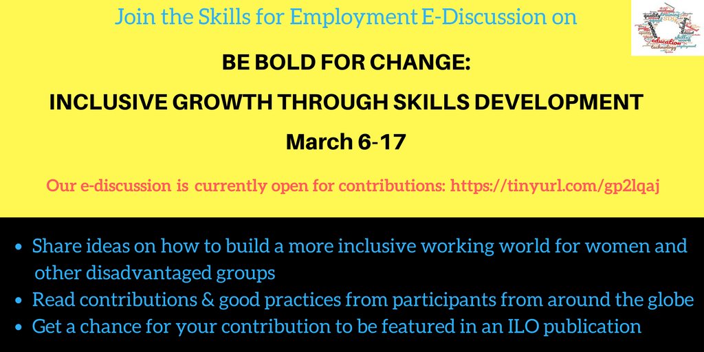 ILO_SKILLS's tweet photo. Make your voice heard!
Join our #EDiscussion on "Be Bold for Change - Inclusive Growth through #Skills Development: https://t.co/1nivFvr81p https://t.co/0rTT4ym9Ru