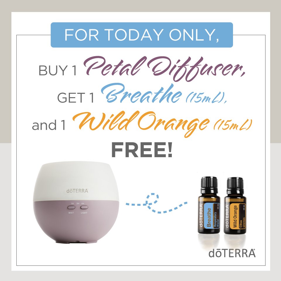 doterra's tweet photo. When you buy a Petal diffuser today, get one Breathe AND Wild Orange 15mL FREE! Hurry and order while supplies last! #doTERRABOGOWeek https://t.co/D1COhZ2UiY