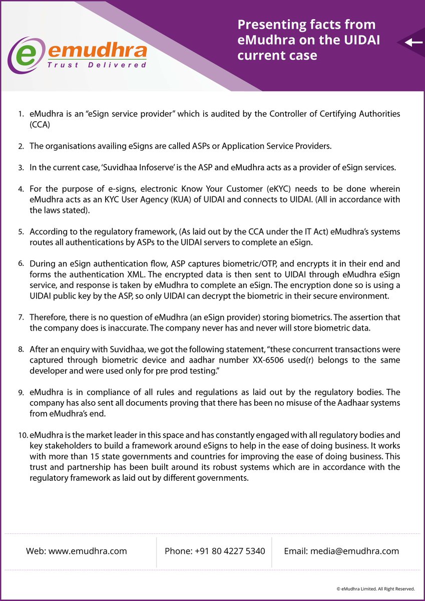 eMudhra's tweet image. Official Statement: Presenting facts from eMudhra on the UIDAI current case