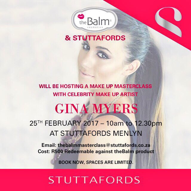 Join us tomorrow at our final make up masterclass only a few tickets left <a href="/gi_myers/">Gina Myers</a> <a href="/MenlynSA/">Menlyn Park</a>
