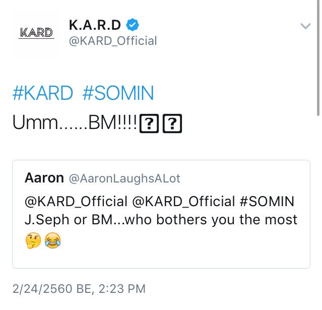 [TRANS] 170224 KARD Mention Party
Q : เจเซฟ หรือ บีเอ็ม ใครที่กวนโอ๊ยมากกว่ากัน🤔😂
โซมิน : อืมม......บีเอ็ม!!!!🤣🤣