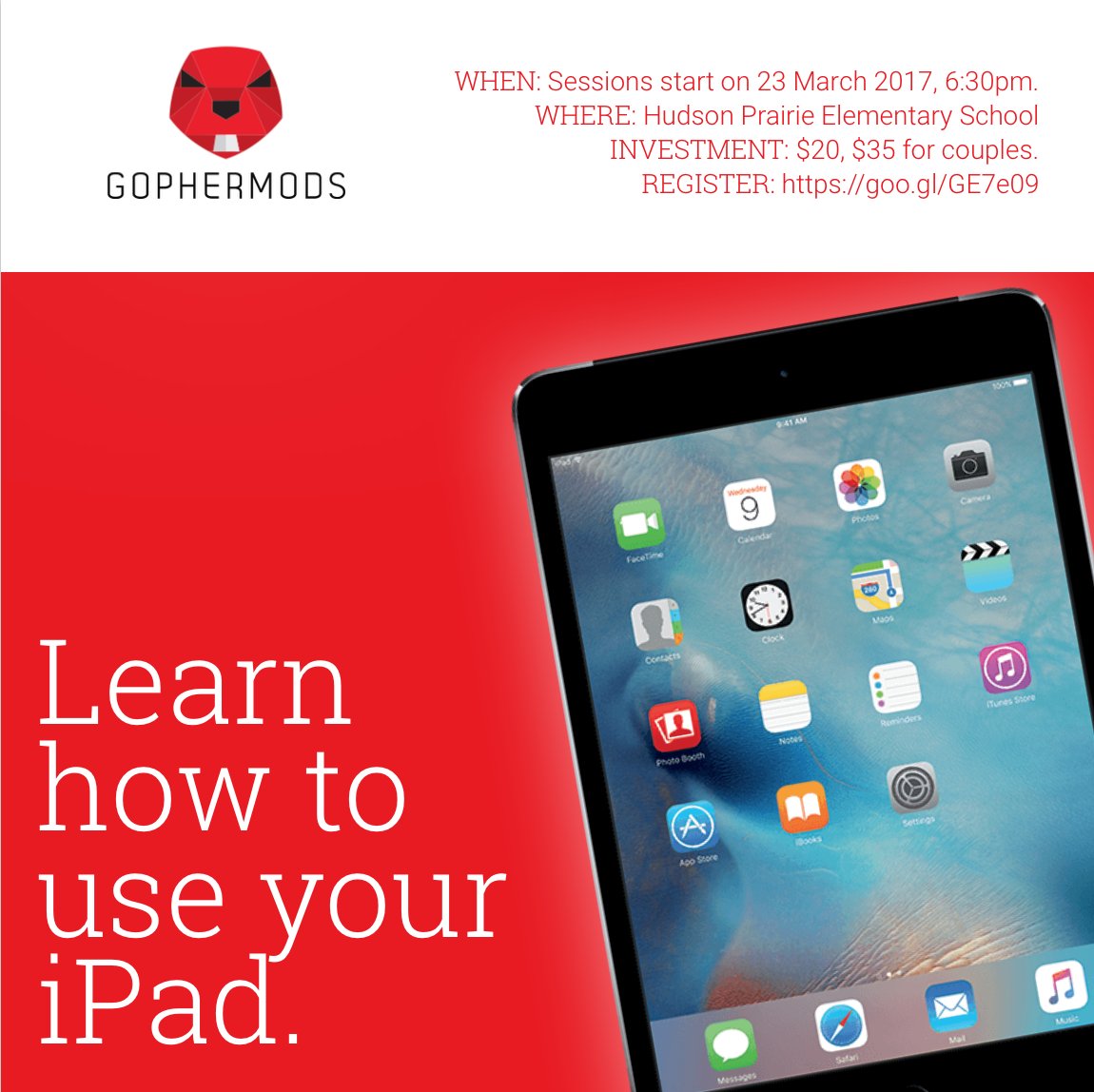 gophermods's tweet image. Know someone who could use some tips and tricks with their iPad? Register for our community education course! goo.gl/GE7e09