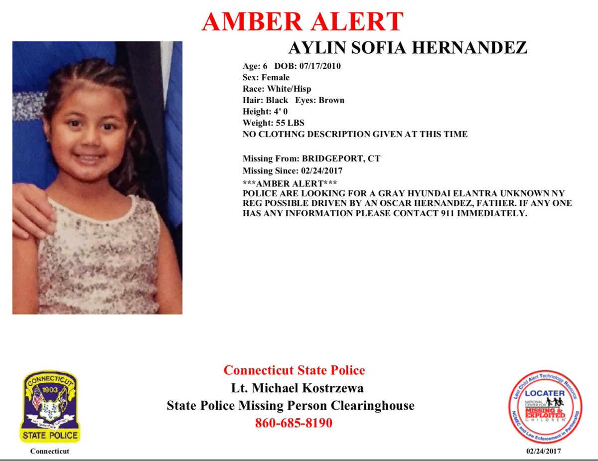 CT_STATE_POLICE's tweet image. AMBER ALERT: 6 YO AYLIN  SOFIA HERNANDEZ Bridgeport PD seeking gry Hyundai Elantra w/unknown NY reg operated by Oscar Hernandez. Call 911.