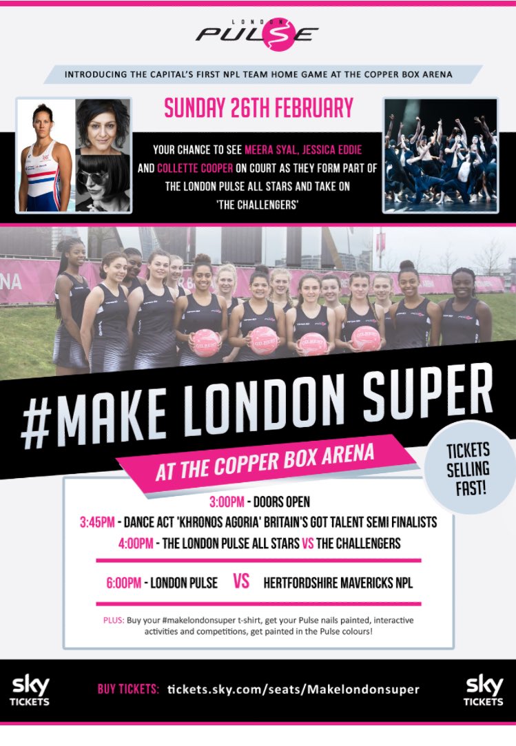 Pulse_Netball's tweet photo. We can't wait can you? @khronos_agoria @MeeraSyal @jesseddie @collettecooper at the @CopperBoxArena Sunday. Skytickets closes at 3pm today https://t.co/DJ1EEO8eMC