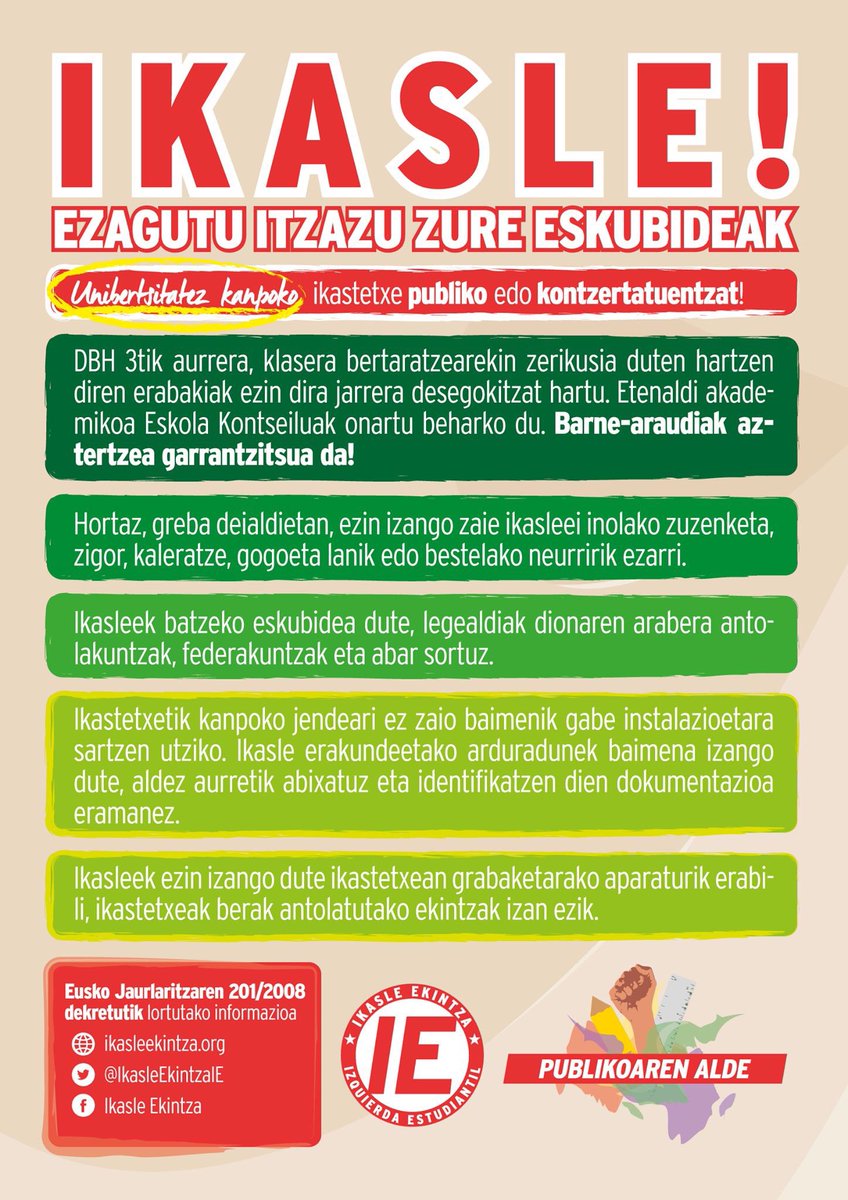 IkasleEkintzaIE's tweet photo. ⚠️ESTUDIANTES DE MEDIAS Y FP, CONOCE TUS DERECHOS ⚠️
⚠️IKASLE, ZURE ESKUBIDEAK EZAGUTU ITZAZU ⚠️

⬇️⬇️⬇️ https://t.co/4x0KMpwAed