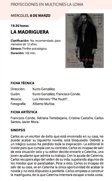 LaMadriguera32H's tweet photo. La Madriguera en la 'Muestra de Cine Español inédito en Jaen' Multicines la Loma 8 de marzo 19.30 h+coloquio con @KurroG @FcoConde  @torreBe https://t.co/FcHOB5Jvpe