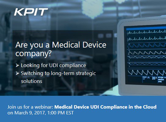 KPIT's tweet photo. Join us for an Insightful Webinar on Medical Device UDI Compliance - https://t.co/X1ZUn4dPgq | #UDI #UDICloud #MDM https://t.co/h8Zrb9wKQt