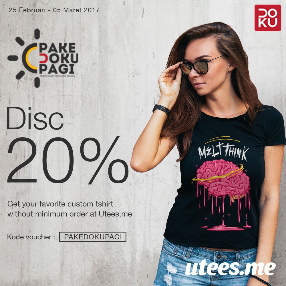 Mulai tanggal 25 Februari, kamu bisa menikmati potongan diskon 20% tiap pembelian kaos Utees.me melalui metode pembayaran DOKU
#UteesmeStyle