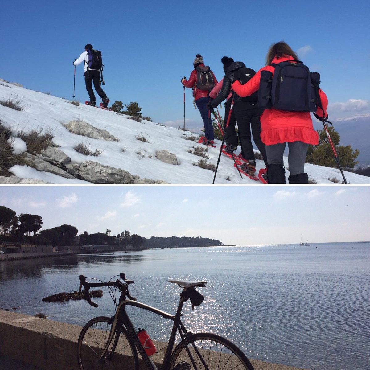 ascentexp1's tweet photo. From the mountains to the sea, in a weekend. Snow shoeing in the Southern Alps, 45 mins away, riding the coast from Nice to Cannes https://t.co/2onYkjmvVe