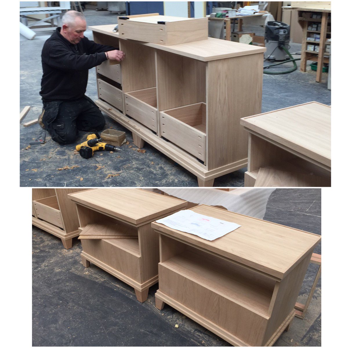 SarahApproved's tweet photo. Bespoke bedside tables &amp; chest of drawers in production. Busy time for the guys in the workshop, just how we like it 😁👏🏻 https://t.co/MFaYvjdrUI