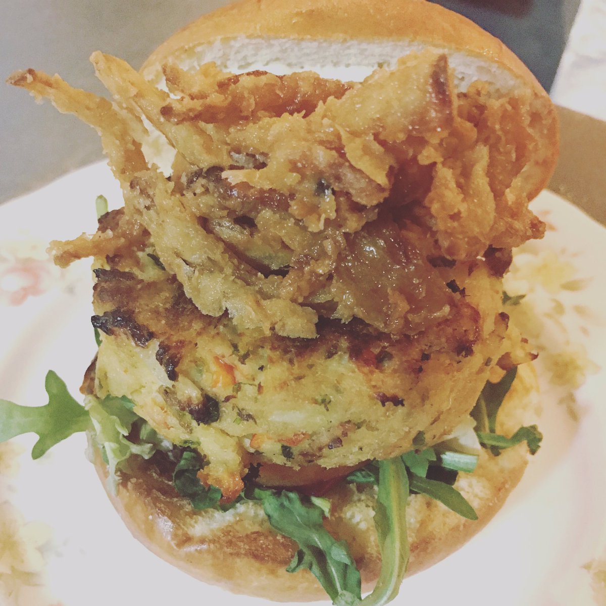BoboSocial's tweet photo. #Lobster & #Crab #Burger with Wasabi Fried Onions & Dill Caper Cream. The stuff dreams are made of. #Friday #bobosocial https://t.co/31Dx4TcIPx