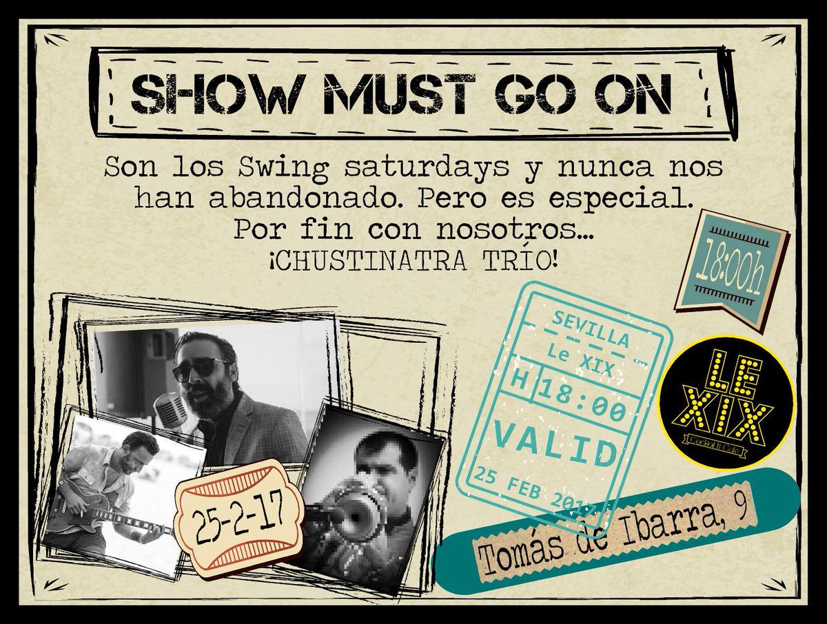 Le_XIX's tweet photo. ¡Mañana tenemos un gran estreno!

Chustinatra Trío.

Suena genial que vaya a sonar tan genial... #Sevilla #ShowMustGoOn https://t.co/y5kz0CoSn8