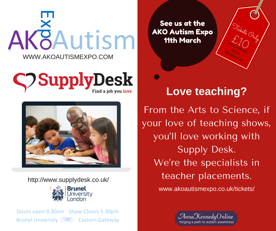 Looking for a job as an SEN teacher, support staff. Join Supply Desk at the #AKOAutismExpo and get a new job! bit.ly/2lpox3n