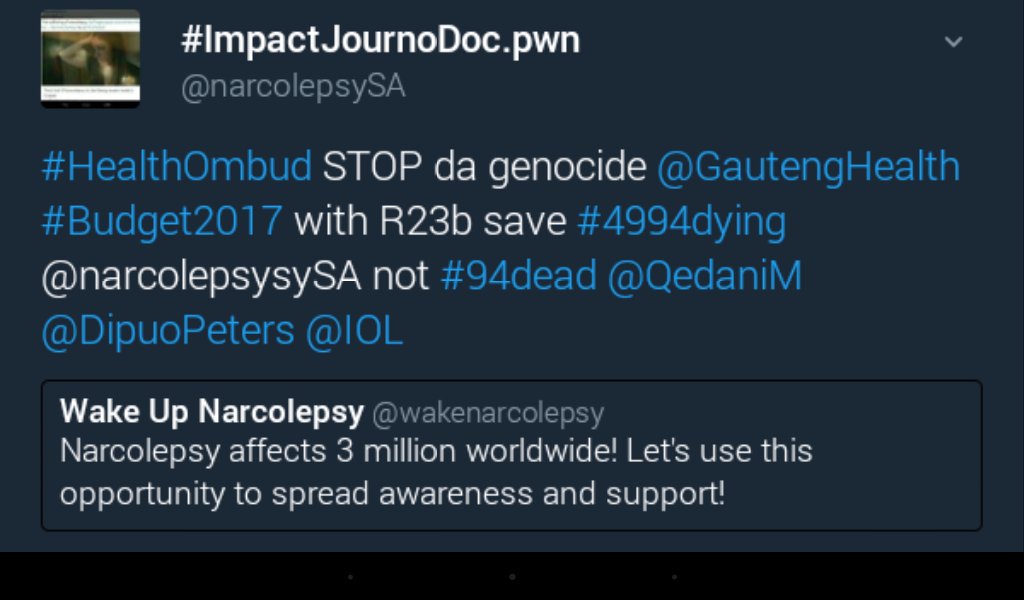 narcolepsySA's tweet photo. #HealthOmbud @UN @WHO @kateomega Save #Corpse95 @narcolepsySA stopSTDK #StarveTortureDecimateKill by #ConradModiseKillaKartel @GautengHealth https://t.co/cSFi7j5oRZ
