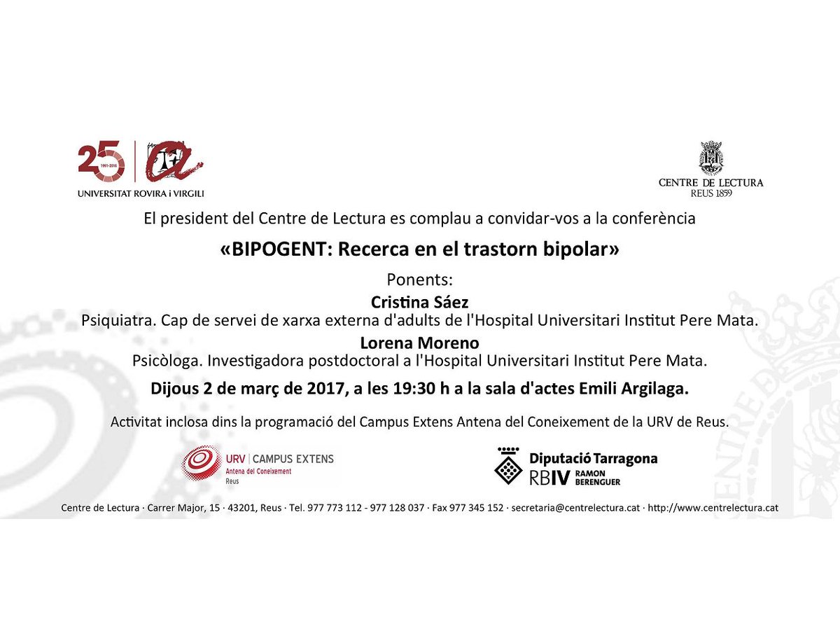 Conferència 2 de març de 2017 <a href="/BipoGent/">BipoGent</a>: Recerca en el trastorn #bipolar <a href="/centredelectura/">Centre de Lectura</a>