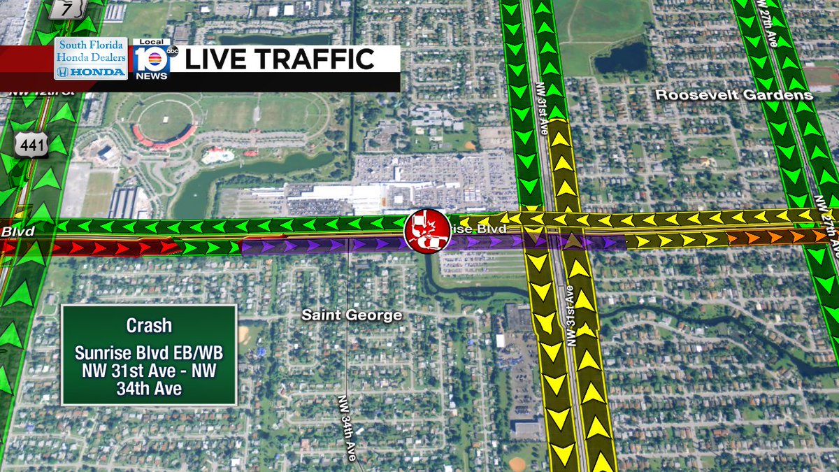 Crash has Sunrise Blvd EB/WB CLOSED between NW 31st ave- NW 34th Ave #traffic https://t.co/uQwcZfjK5y