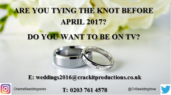 CH5WeddingShow's tweet photo. #HAPPYFRIDAY guys! LOOKING FOR OUR FINAL #COUPLE FOR A NEW CHANNEL5* #WEDDING SERIES! GETTING #MARRIED BEFORE #APRIL #2017? CALL NOW! #RT <3 https://t.co/7fCSBHFcdt