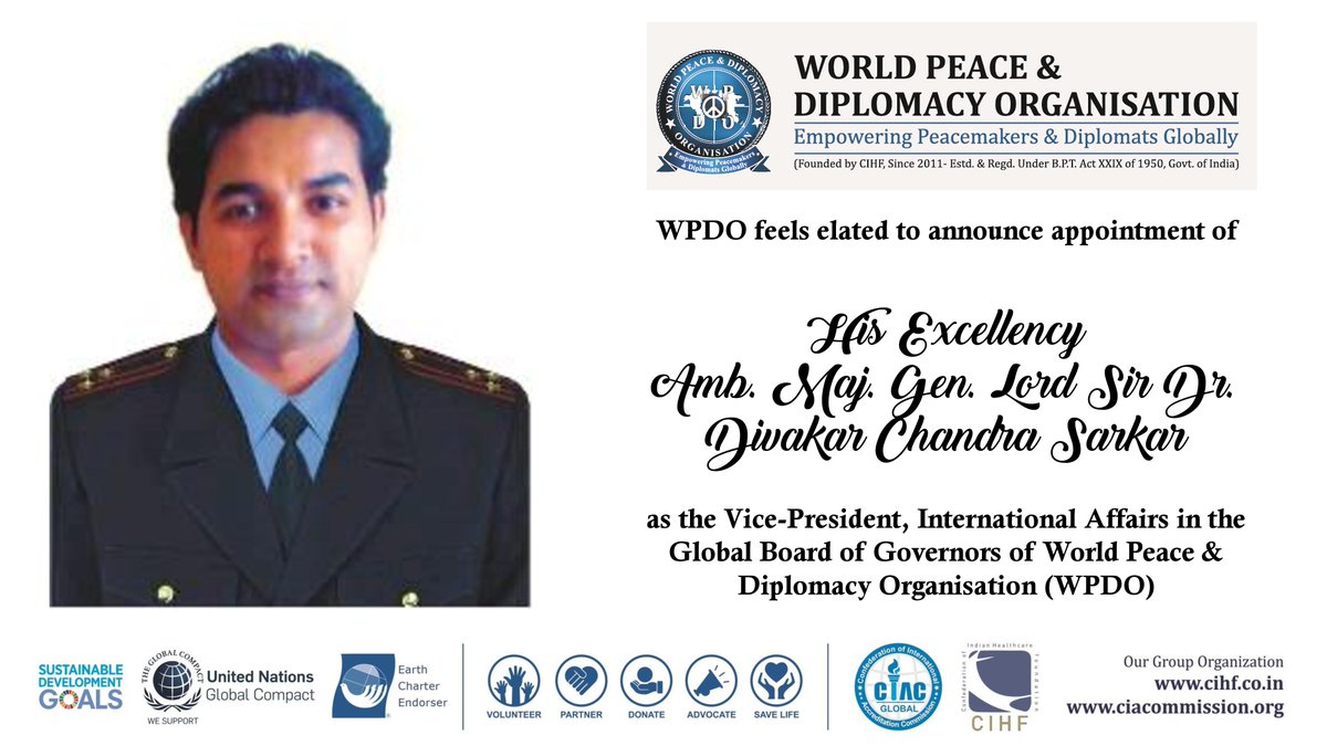 WPDOGlobal's tweet photo. His Excellency Amb. Maj. Gen. Lord Sir Dr. Divakar Chandra Sarkar appointed as the Vice-President, International Affairs in @WPDOGlobal https://t.co/Mt0Qx2ILj8