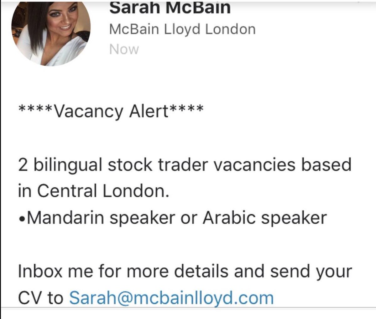 McBainLloyd's tweet photo. #mandarinspeakers #arabicspeakers #stockmarket #traderjobs #brokerjobs #bilingualbrokers #graduatejobs #jobstoday #findajob https://t.co/HCyZg73bGZ