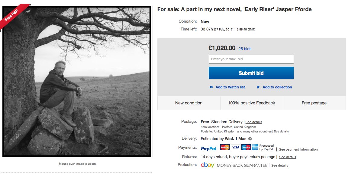 My 'Buy a part in my next book' charity auction now at £1K. Awesome - and not over yet!  Go eBay and search 'Jasper Fforde Early Riser'