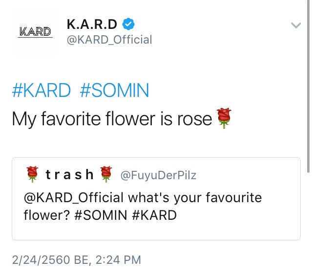 [TRANS] 170224 KARD Mention Party
Q : ดอกไม้ที่ชอบคือดอกอะไร?
โซมิน : ฉันชอบดอกกุหลาบค่ะ🌹