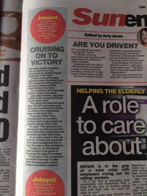 WorkAdvisorUK's tweet photo. Check out todays @thesun  to read about @cruisedotco winning our Travel Employer of the Year award.  #TEOY #employeereviews https://t.co/gYMqzTEcRL