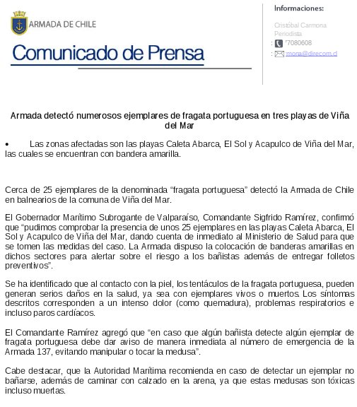 sitiodelsuceso's tweet photo. Armada detectó numerosos ejemplares de fragata portuguesa en playas Caleta Abarca, El Sol y Acapulco de Viña del Mar #Precaución https://t.co/bSXFXP7dxT