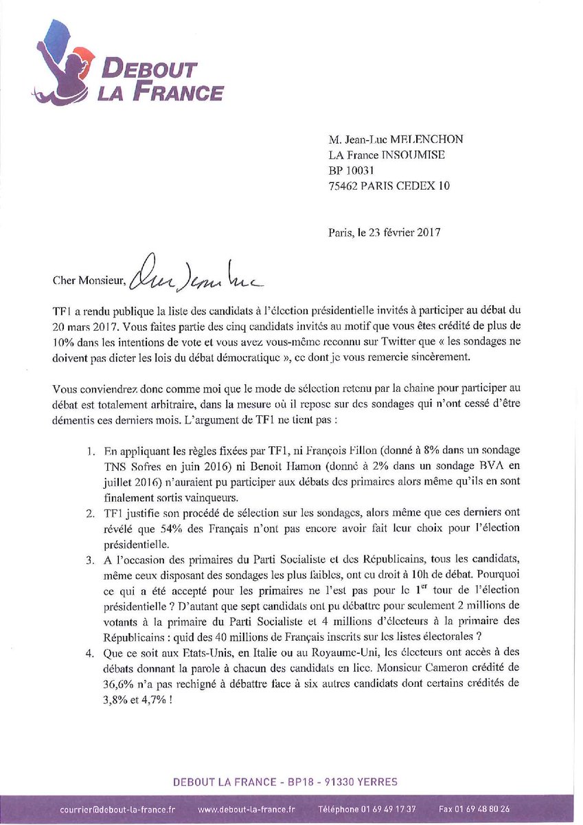 DLF_Officiel's tweet photo. Débat de @TF1, Nicolas @dupontaignan écrit aux 5 participants.
Voici la lettre adressée @JLMelenchon > https://t.co/qhUEtr5RZQ  #TF1boycott https://t.co/oZwkSRmdjl