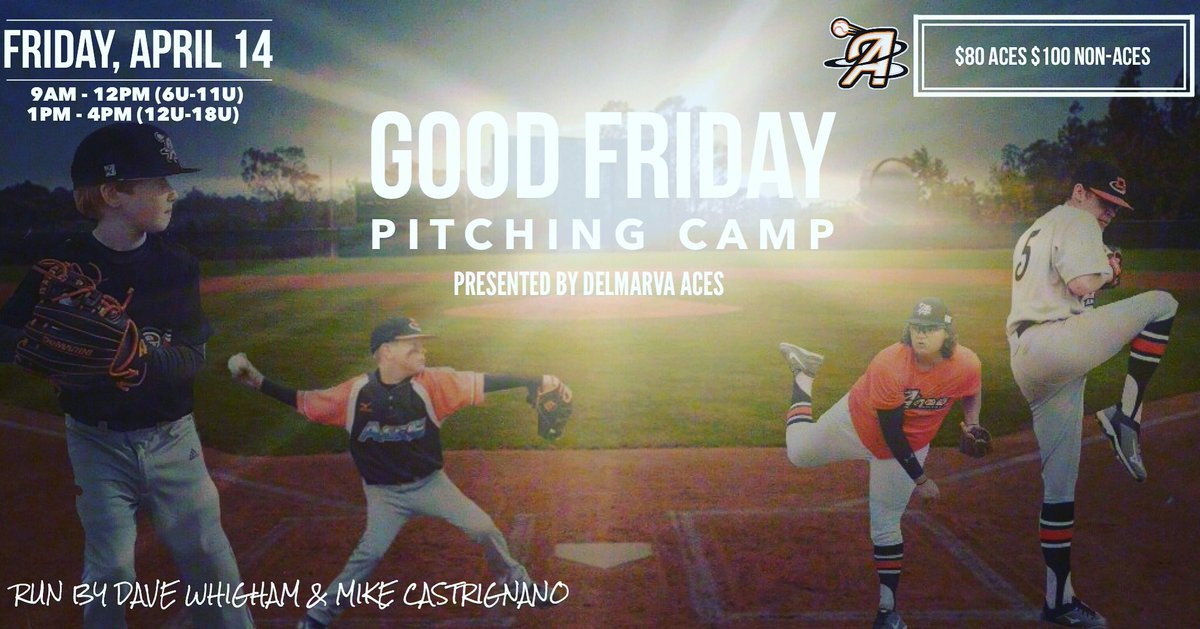 DelmarvaAces's tweet photo. We will be hosting a Good Friday Pitching Camp on Friday, April 14. Signup at acesstrength@gmail.com Limit 20 spots/group! #aces #wepitch https://t.co/u3hqEmjgni