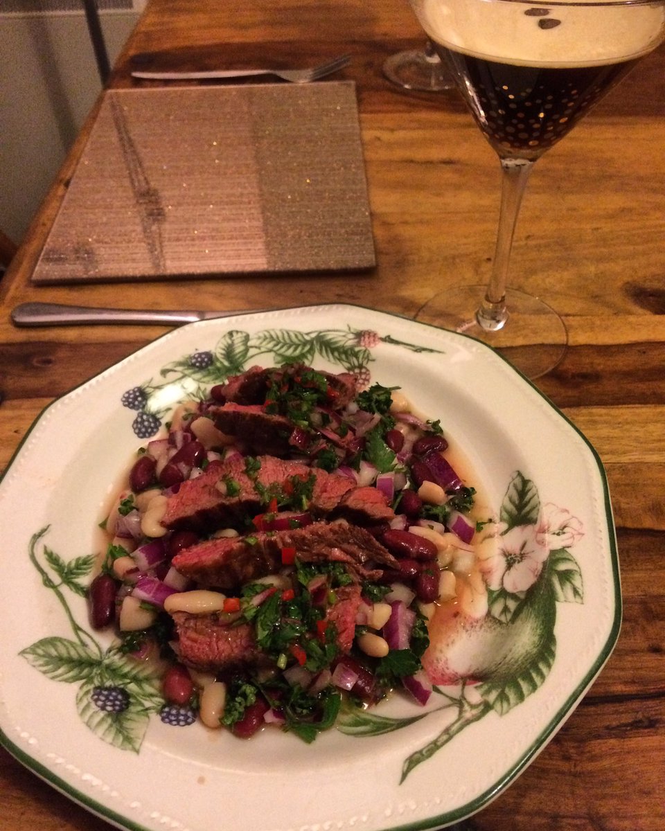 Nigels73's tweet photo. #sousvide #rump courtesy of #BerrowBeef with a #chimichurri sauce on a mixed bean salad. Washed down with a lovely #espressomartini #food https://t.co/T1EZP4eU0G
