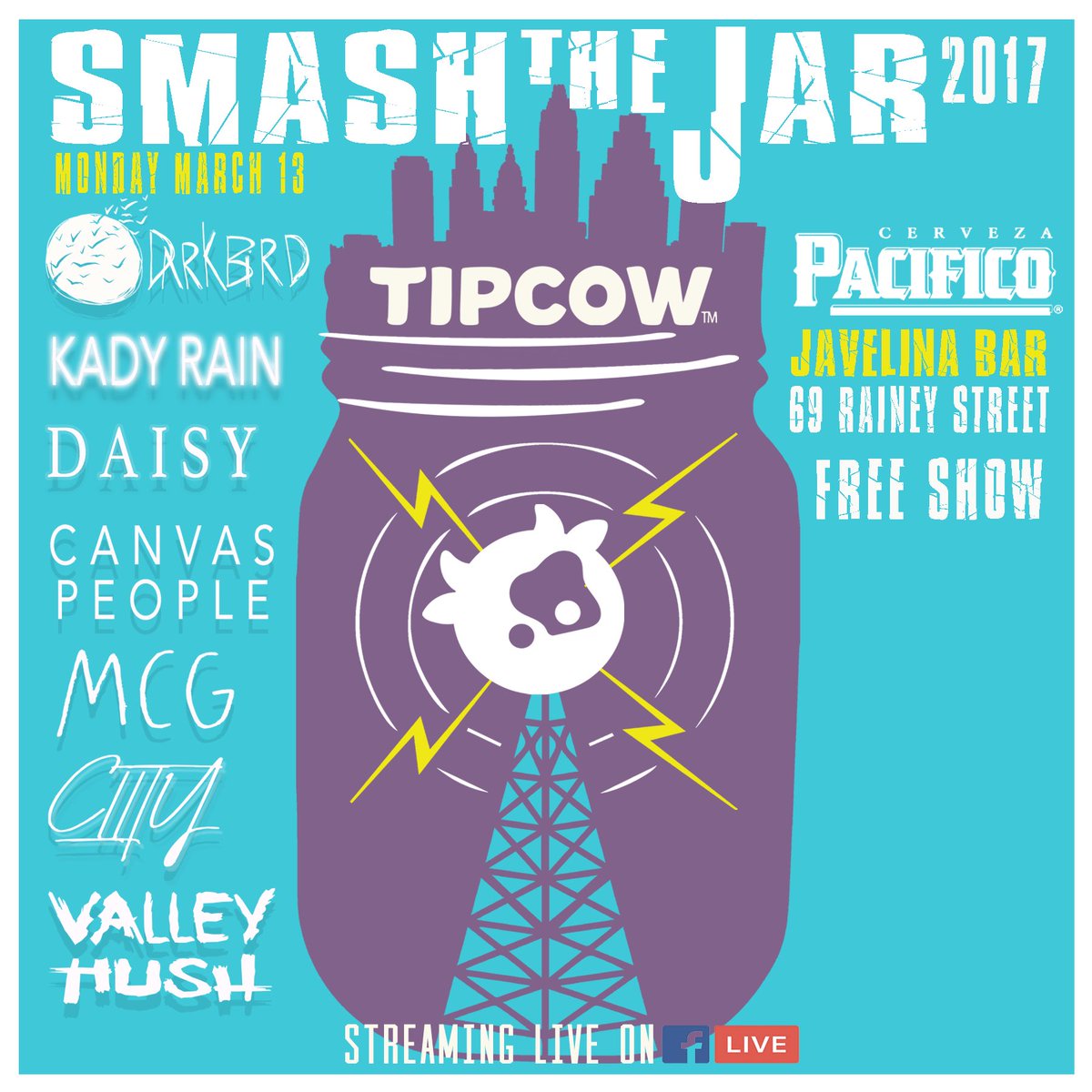 OfficialTipCow's tweet photo. Start your #sxsw with a #smash! #smashthejar showcase, courtesy of @Pacifico_Beer! #atx #supportlivemusic #tipcow https://t.co/jCnrSdr02F