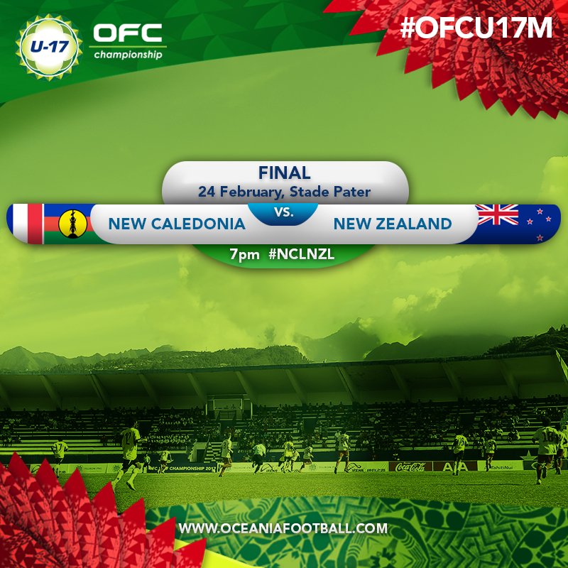 OFCfootball's tweet photo. Today's #OFCU17M Final
📍Stade Pater, Papeete, 🇵🇫  

🇳🇨🇫🇷 #NCLNZL 🇳🇿 
7pm local time 
(4pm NCT / 6pm NZDT) https://t.co/CN5ivwtmcm