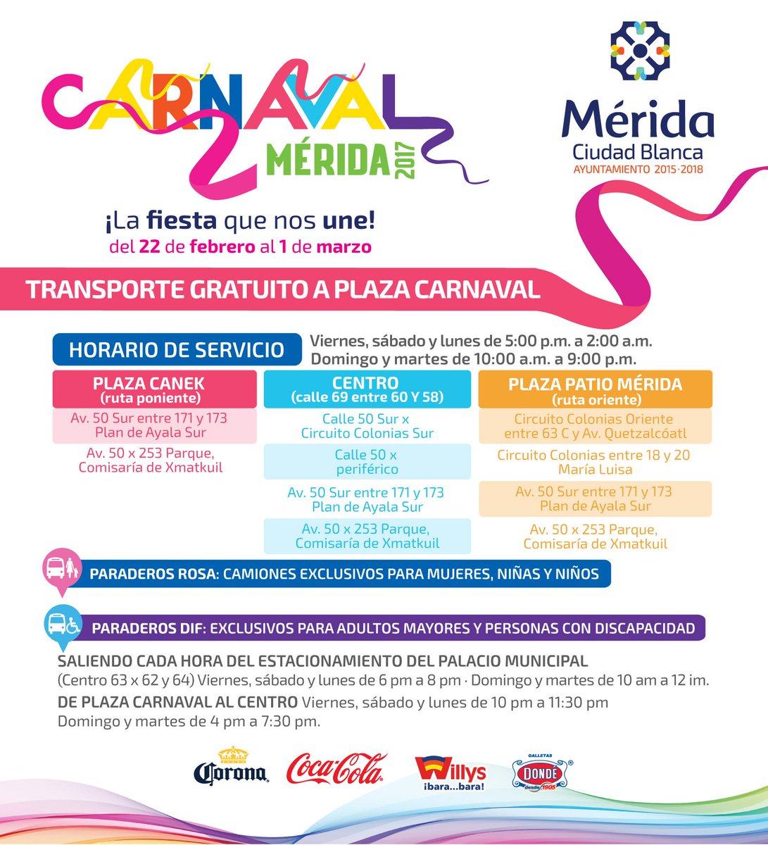 Tenemos para todos los meridanos ¡TRANSPORTE COMPLETAMENTE GRATUITO! a plaza carnaval para que disfruten del #CarnavalMérida2017