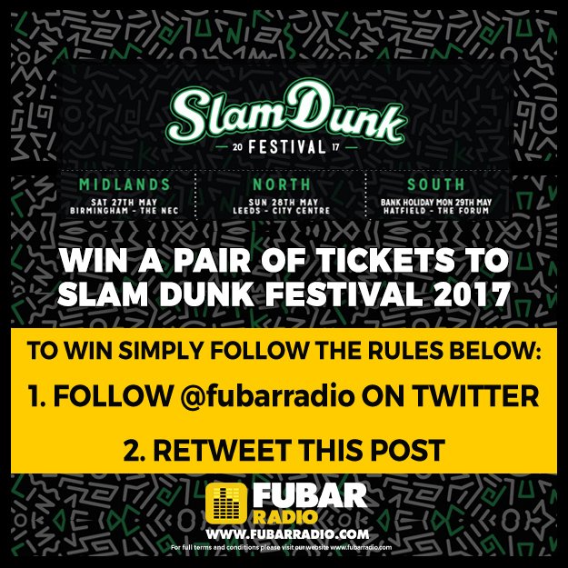 FubarRadio's tweet photo. #Competition time! RT &amp; follow us by 2pm next Friday to #win TWO tickets to @SlamDunkMusic for the date of your choice.

#Giveaway #Prize https://t.co/jJsWNaFk1s