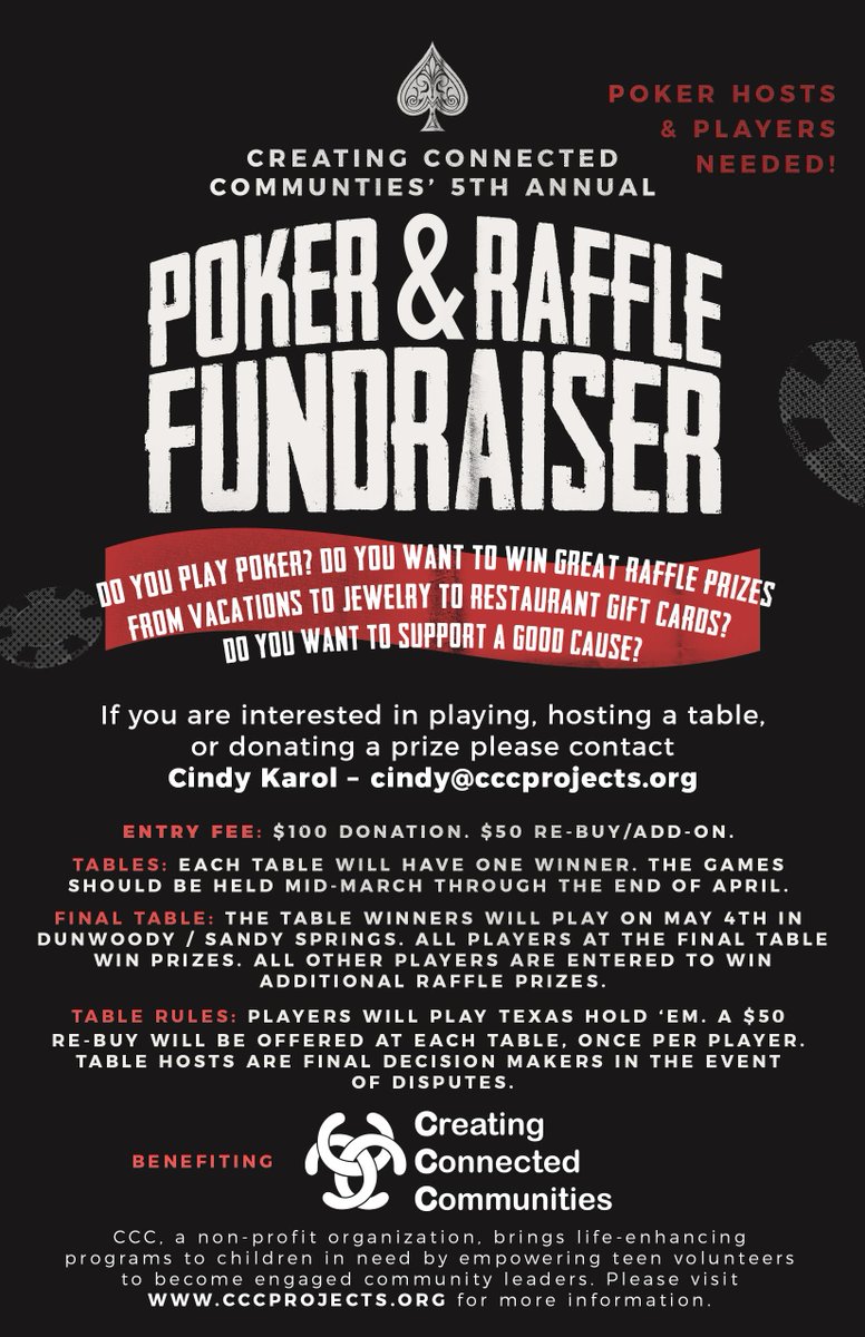 cccprojects's tweet photo. We are excitedly planning our Poker &amp; Raffle Fundraiser, but we need your support! We need prize donations and people to host tables. https://t.co/XU1MmXgCs2