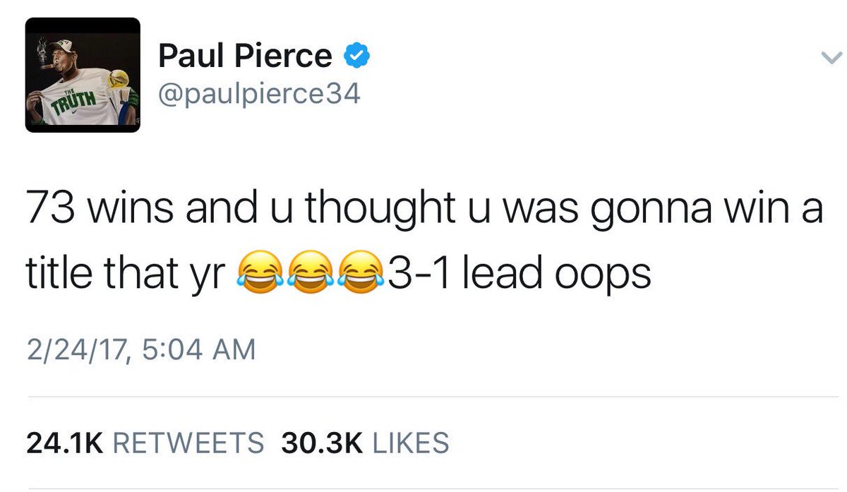 LegionHoops's tweet photo. Paul Pierce's response to the Warriors talking smack. https://t.co/scb8Lp2375