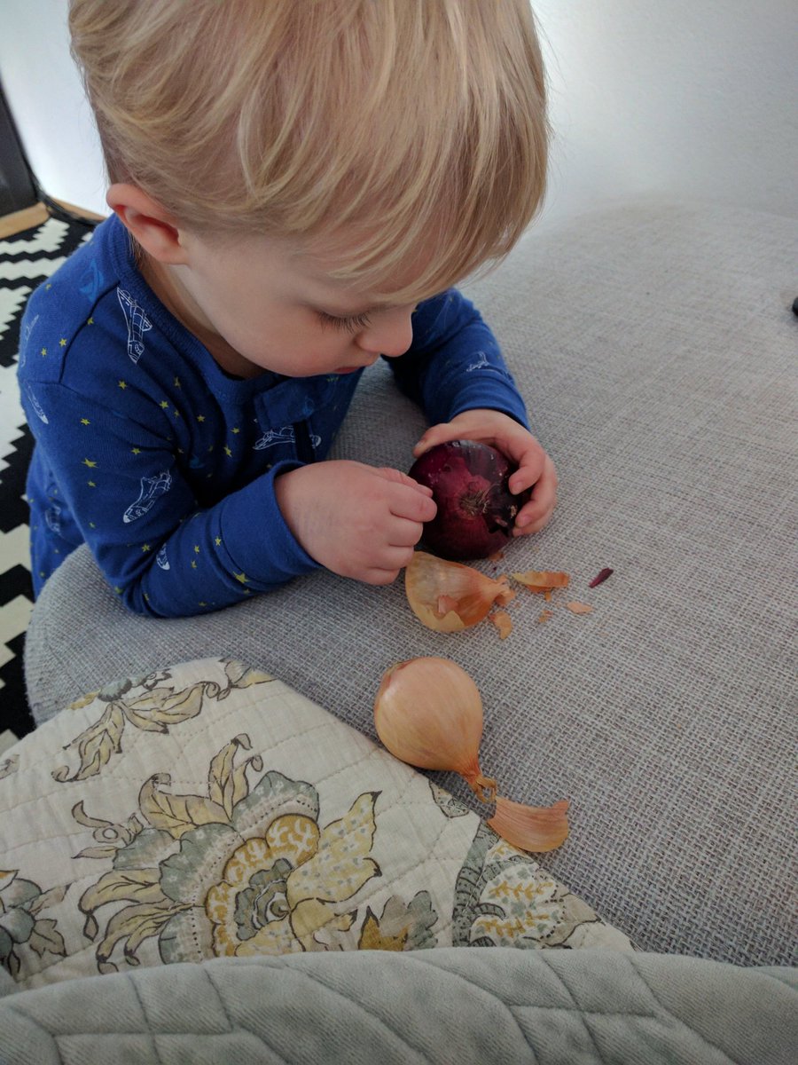 SweetAndSowa's tweet photo. How do I know I'm not spoiling or overindulging my kid? His toy/favorite activity is peeling onions 😂 #thesimplelife #parentingwin #orfail https://t.co/FXxuBmrt5F