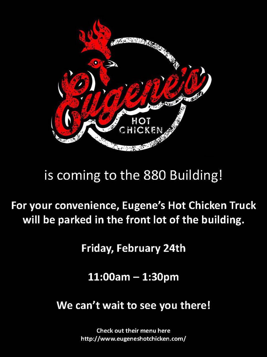 Colliers_AL's tweet photo. Eugene's Hot Chicken food truck will be at the #880Building today from 11-1:30! We can't wait to see you there! 🐔 @ChickenEugene https://t.co/n38FXSVdjh