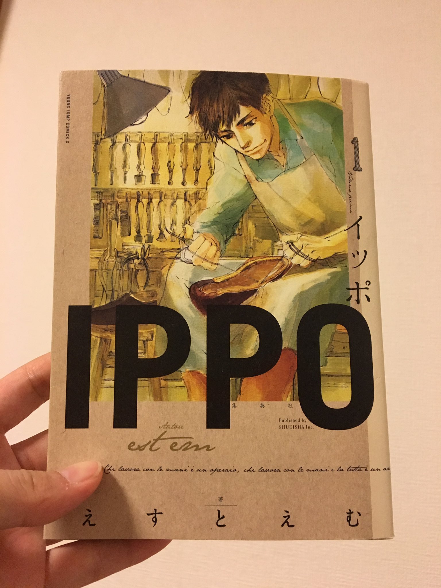 ぬん ちょっと語りますよ えすとえむって漫画家さんのippo いっぽ ていう漫画 オーダーメイドの靴職人の話なんですわ まず他にない題材なのが面白い んで 絵も好き 興味ある人はいかがですか これは1巻ね 全5巻です