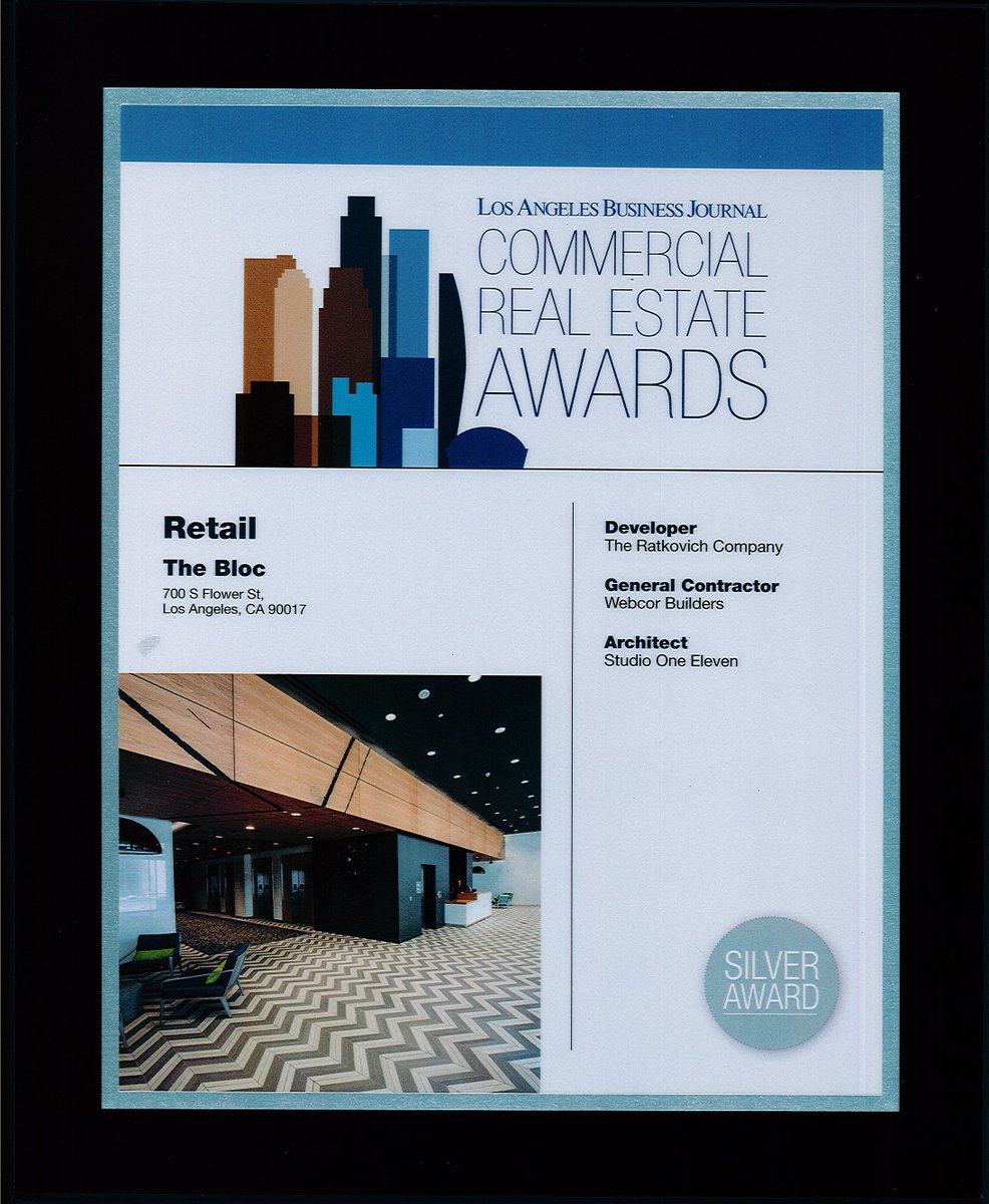 WebcorBuilders's tweet photo. Webcor project, The Bloc, wins Silver award for Best Retail project at the #LABJCRE Awards! Great work, team! https://t.co/EyJBuuM6xi