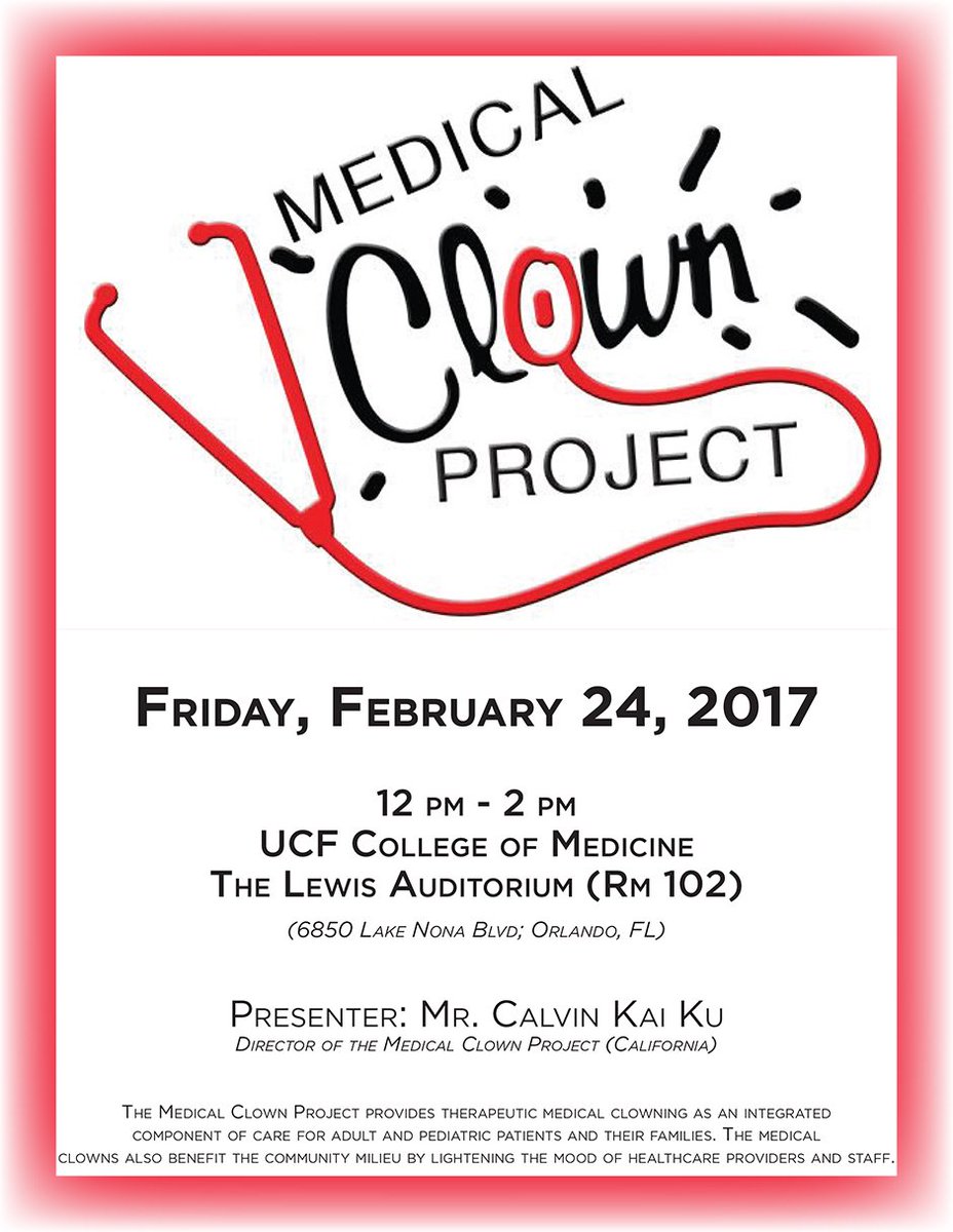 This afternoon, we'll be talking with Calvin Kai Ku of <a href="/medicalclowning/">MedicalClownProject</a> to learn about the therapeutic art of play and humor! #UCF