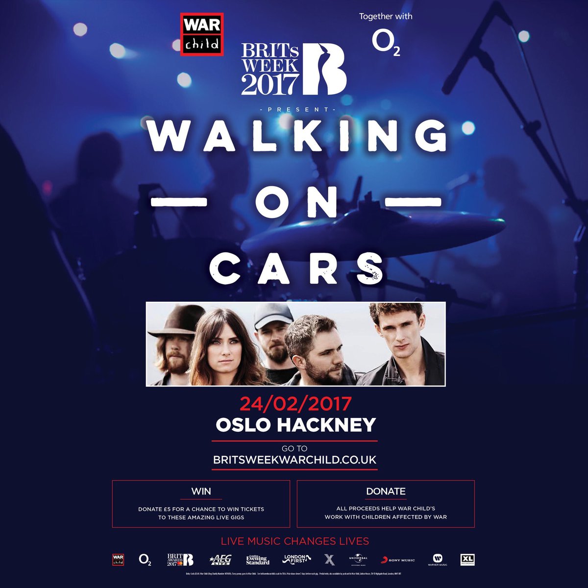 wotf_uk's tweet photo. See you all at @OsloHackney for @WalkingOnCars @WarChildUK show tonight! #BRITsWeek2017 going out with a bang! #WOTF https://t.co/h2SAHU4xGv