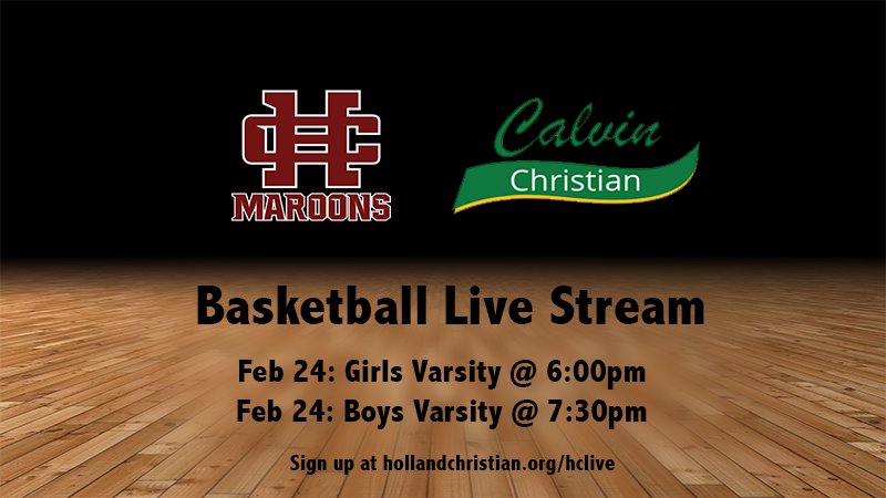 dvos's tweet image. HC is live streaming Boys Varsity Basketball vs. Calvin Christian tonight, Feb 24, at 7:30pm.  Sign up to view at hollandchristian.org/hclive