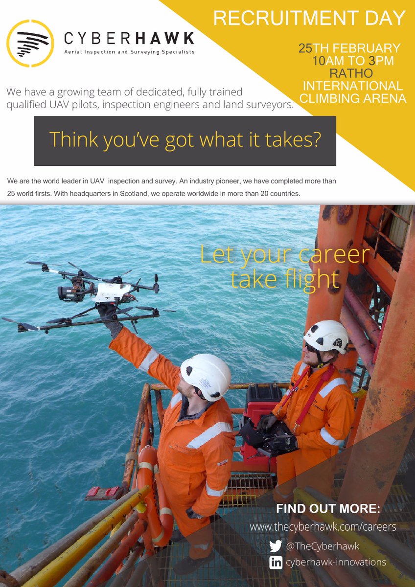 TheCyberhawk's tweet photo. Don't forget! #Recruitment day tomorrow 10am-3pm at @eicaratho we look forward to meeting you! Got what it takes? #Jobs #drones #pilots https://t.co/TlBHMnoFiy