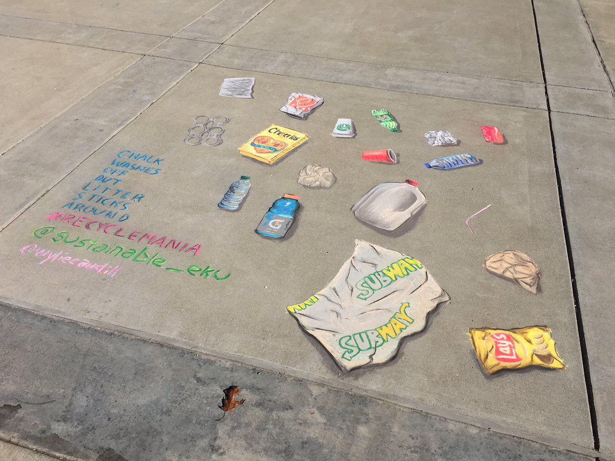 Sustainable_EKU's tweet photo. Chalk washes off, but litter sticks around. #recyclemania New chalk art by @wyliecaudill https://t.co/9SGVQTtmim