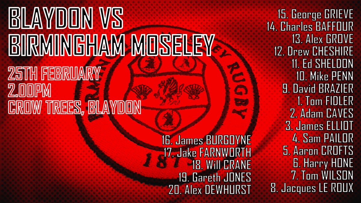MoseleyRugbyFC's tweet photo. YOUR Birmingham Moseley side to take on @BlaydonRFC. Welcome Gareth Jones from @MoseleyOak &amp; Alex Dewhurst from @Oldfield_RFC, both on loan. https://t.co/20KhvBTI5T
