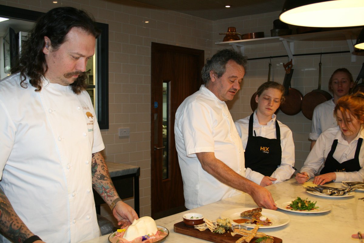 HIXAcademy's tweet photo. Last night we were joined by @MarkEHix &amp; @JamesGolding10 creating beautiful food &amp; inspiring our students. @HIXRestaurants @The_Pig_Hotel https://t.co/Y9mIZIj0hA